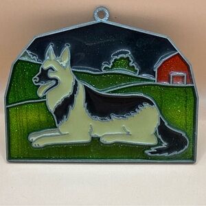 German Shepherd Dog Stained Glass Style Suncatcher Vintage 1990 Barn Shaped